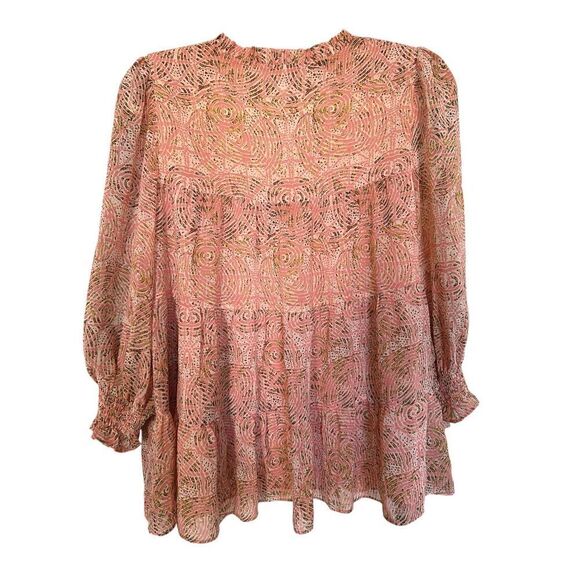 Joy Joy Women’s Blouse Pink Abstract Print Ruffle Neck Long Sleeve Lined Boho M - Picture 2 of 8